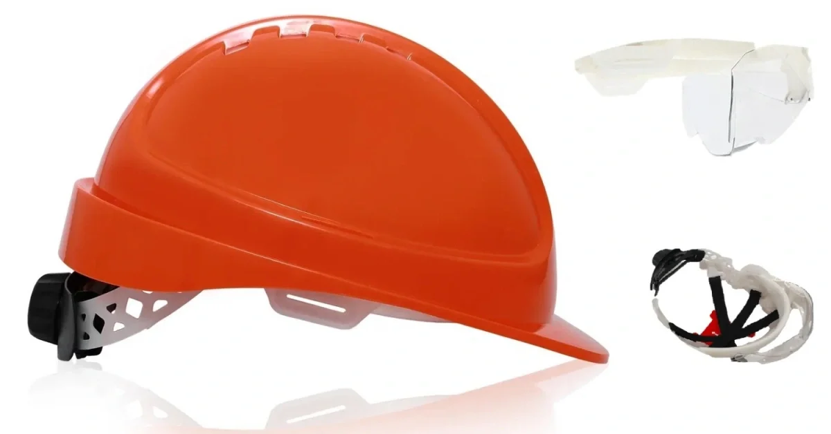 Каска защитная ЕЛАНПЛАСТ ФОРВАРД со встроенными очками оранжевая - фото 1