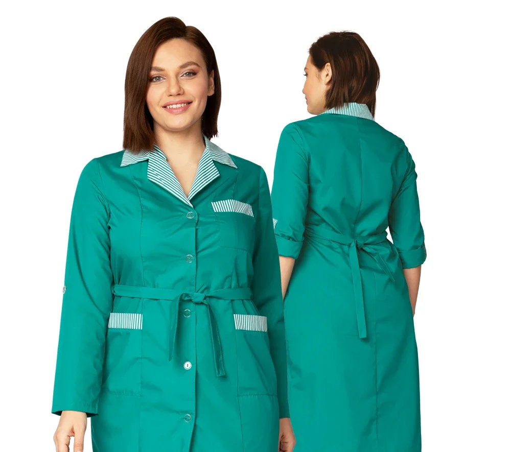 Халат женский "Хозяюшка" зелёный/полоска - фото 1