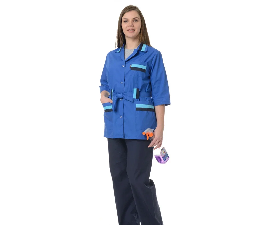 Костюм женский "Лира" василёк/синий (блузон и брюки) для рабочего персонала сферы обслуживания - фото 2