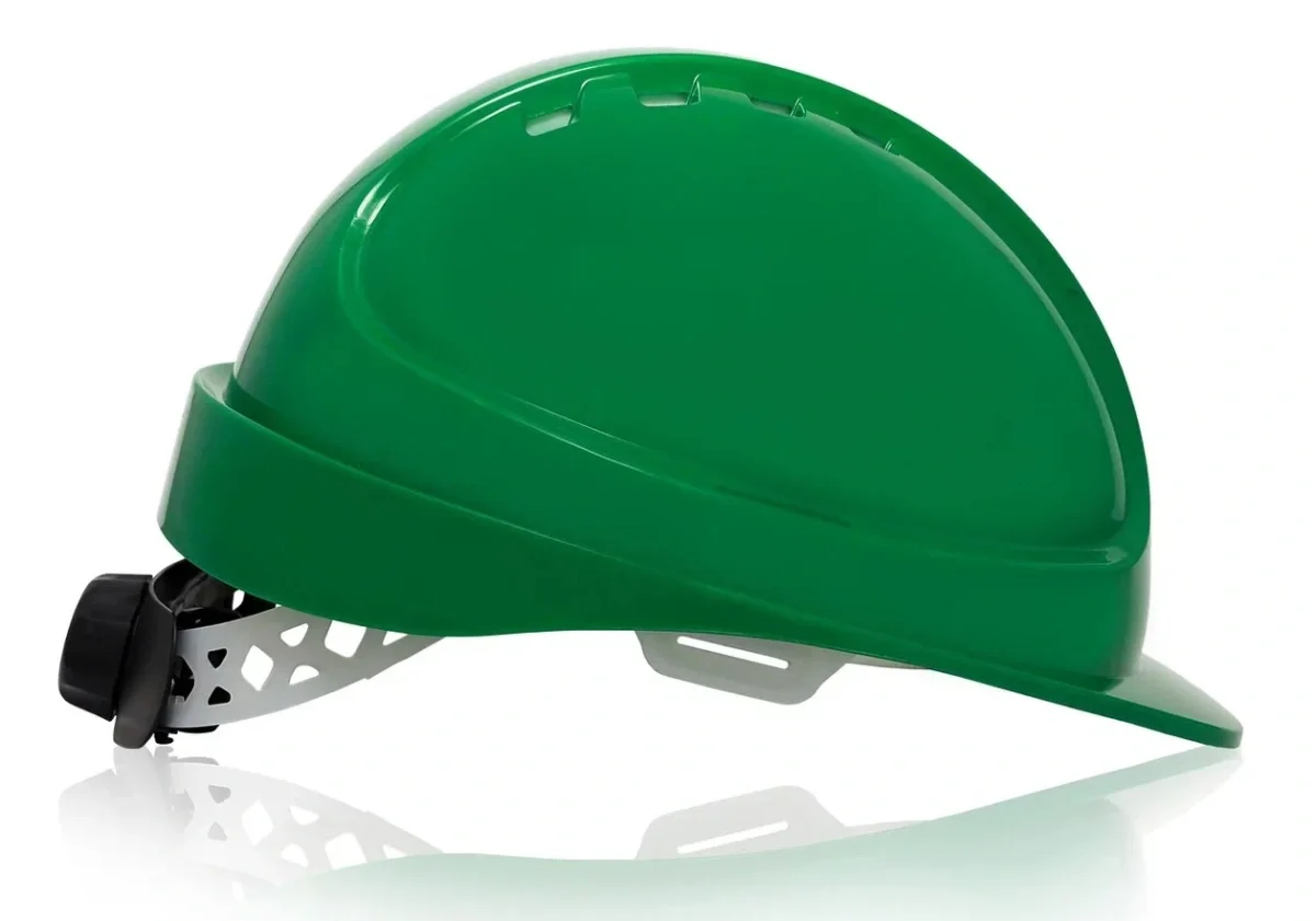 Каска защитная ЕЛАНПЛАСТ ФОРВАРД зеленая (ленточное оголовье, храповый механизм) - фото 1