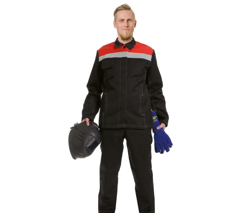 Костюм огнестойкий 1 класса защиты х/б с ОП пропиткой чёрный/красный (куртка и брюки)