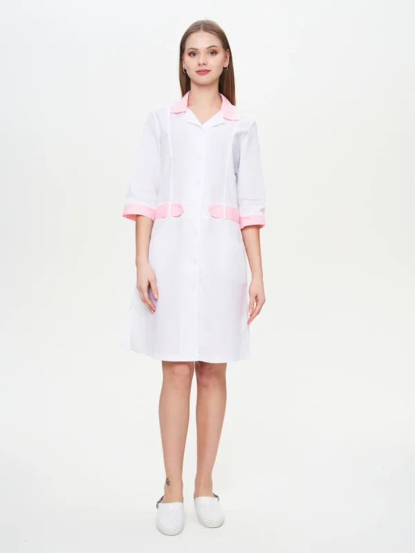 Халат женский "Фарма" белый с розовым СКИДКА 20%