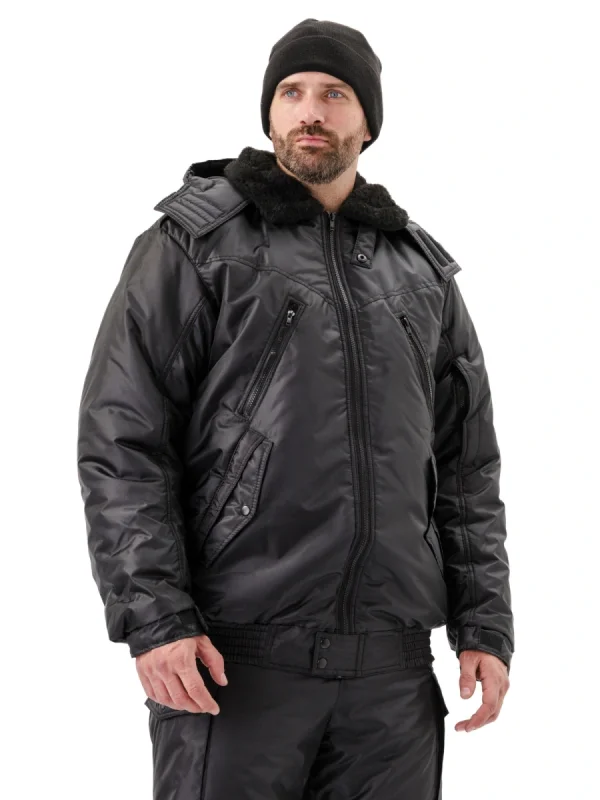 Куртка мужская на поясе "Охрана" зимняя черная (с капюшоном)