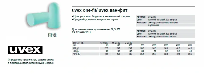 Беруши одноразовые UVEX "Ван-Фит" без шнурка SNR 31дБ (2112045)