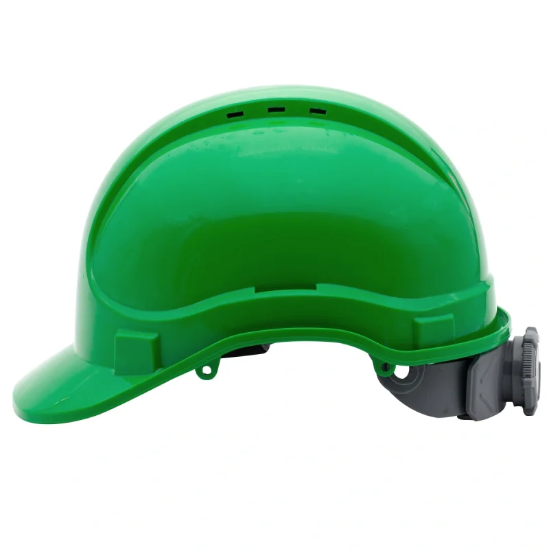 Каска защитная ЕЛАНПЛАСТ АЙ-ПРАЙМ ЭКСПЕРТ зеленая (ленточное оголовье, храповый механизм)