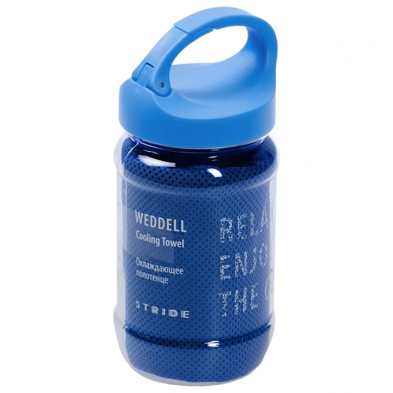 Охлаждающее полотенце Weddell, синее полотенце 80х30 см; высота бутылки 17,5 см; диаметр 7,6 см